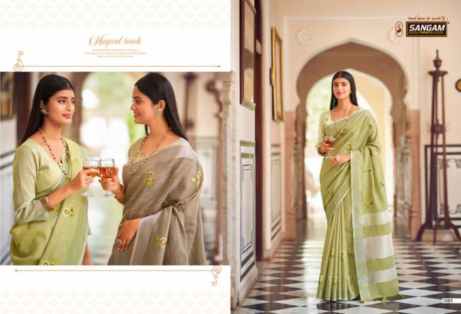 Sangam Nagma Linen Fancy Function Wear Heavy Stylish Embroidered Sarees Collection